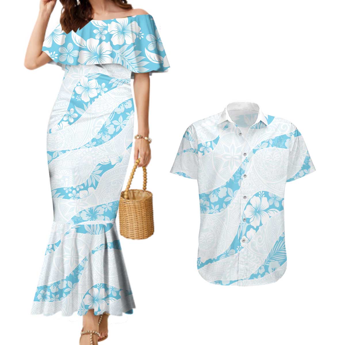 Aloha Hawaii Floral Tapa Couples Matching Mermaid Dress and Hawaiian Shirt Patchwork Turquoise LT7 Turquoise - Polynesian Pride