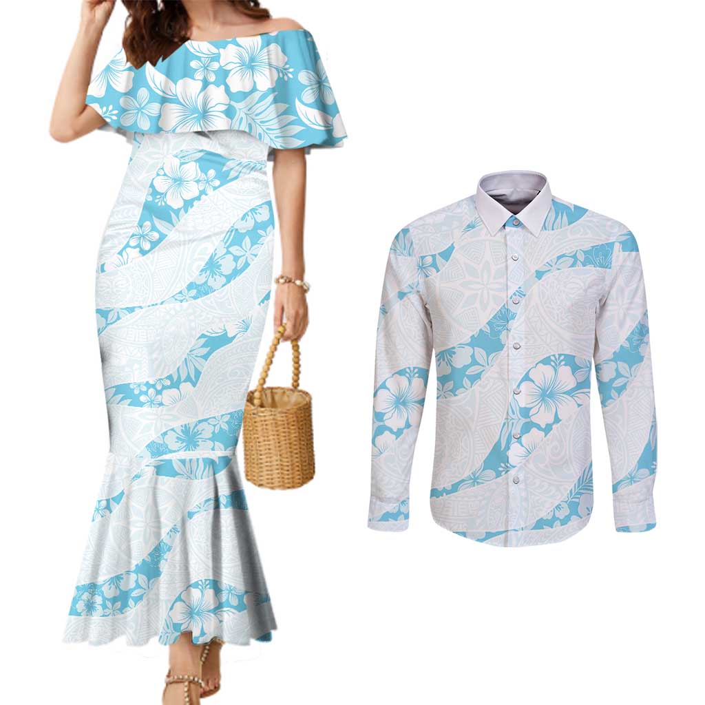 Aloha Hawaii Floral Tapa Couples Matching Mermaid Dress and Long Sleeve Button Shirt Patchwork Turquoise LT7 Turquoise - Polynesian Pride