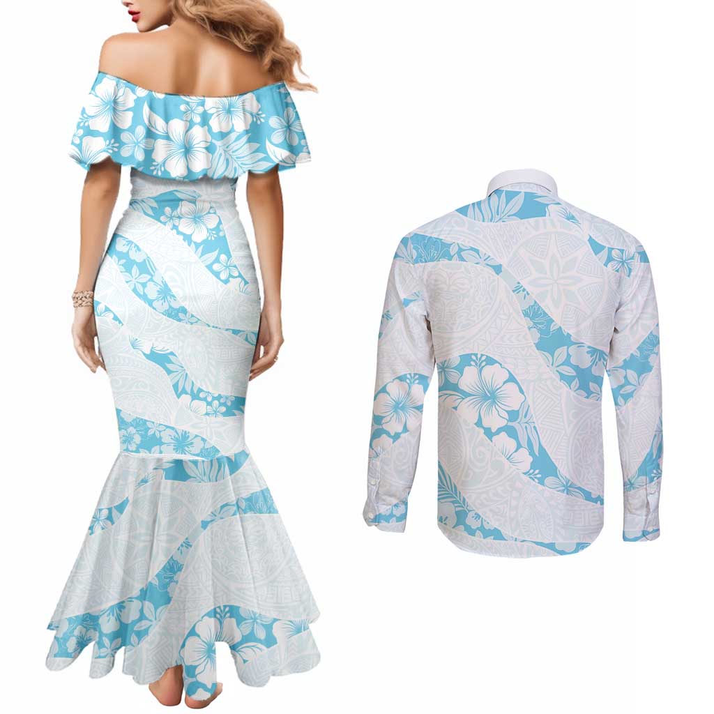 Aloha Hawaii Floral Tapa Couples Matching Mermaid Dress and Long Sleeve Button Shirt Patchwork Turquoise LT7 - Polynesian Pride