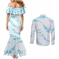 Aloha Hawaii Floral Tapa Couples Matching Mermaid Dress and Long Sleeve Button Shirt Patchwork Turquoise LT7 - Polynesian Pride