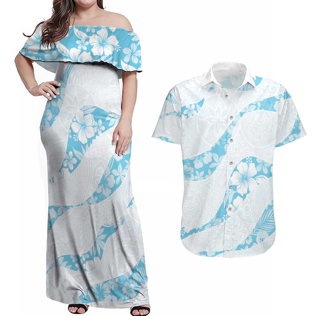 Aloha Hawaii Floral Tapa Couples Matching Off Shoulder Maxi Dress and Hawaiian Shirt Patchwork Turquoise LT7 Turquoise - Polynesian Pride