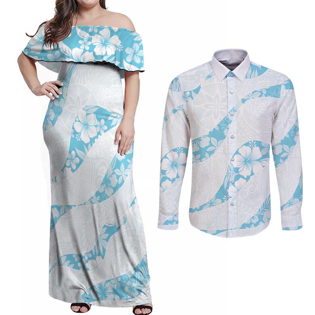 Aloha Hawaii Floral Tapa Couples Matching Off Shoulder Maxi Dress and Long Sleeve Button Shirt Patchwork Turquoise LT7 Turquoise - Polynesian Pride