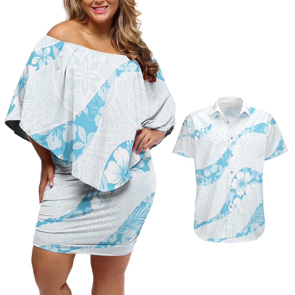 Aloha Hawaii Floral Tapa Couples Matching Off Shoulder Short Dress and Hawaiian Shirt Patchwork Turquoise LT7 Turquoise - Polynesian Pride