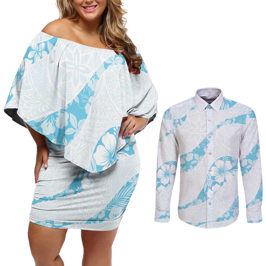 Aloha Hawaii Floral Tapa Couples Matching Off Shoulder Short Dress and Long Sleeve Button Shirt Patchwork Turquoise LT7 Turquoise - Polynesian Pride