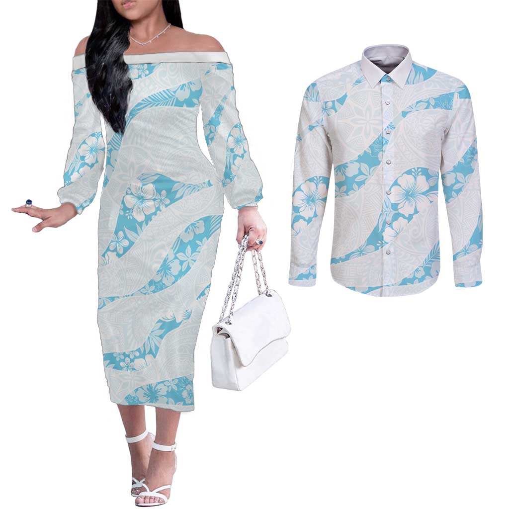 Aloha Hawaii Floral Tapa Couples Matching Off The Shoulder Long Sleeve Dress and Long Sleeve Button Shirt Patchwork Turquoise LT7 Turquoise - Polynesian Pride