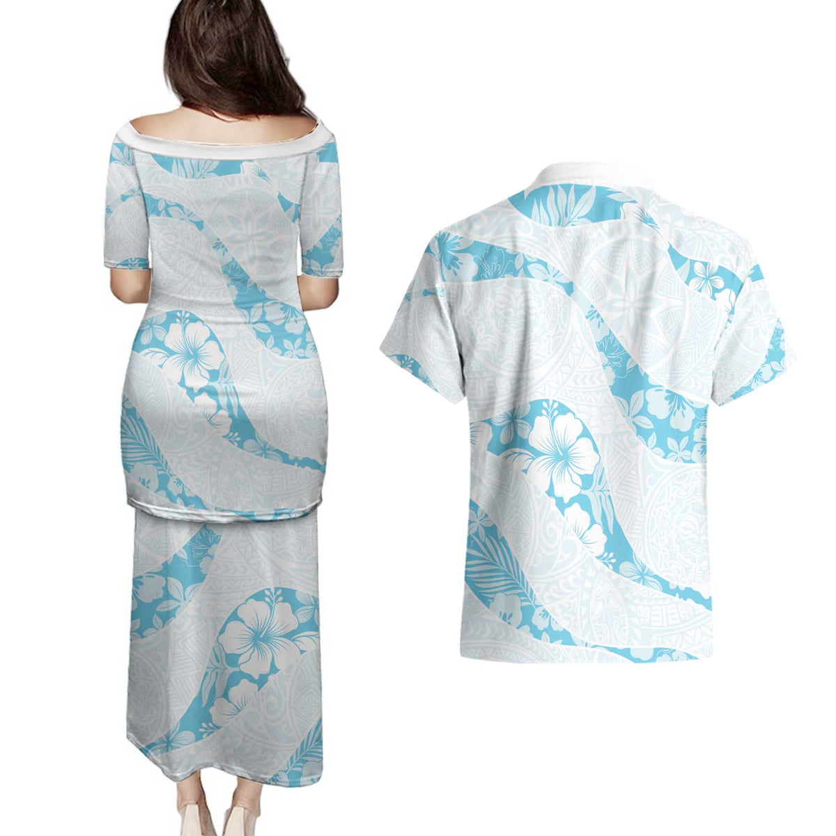 Aloha Hawaii Floral Tapa Couples Matching Puletasi and Hawaiian Shirt Patchwork Turquoise - Polynesian Pride