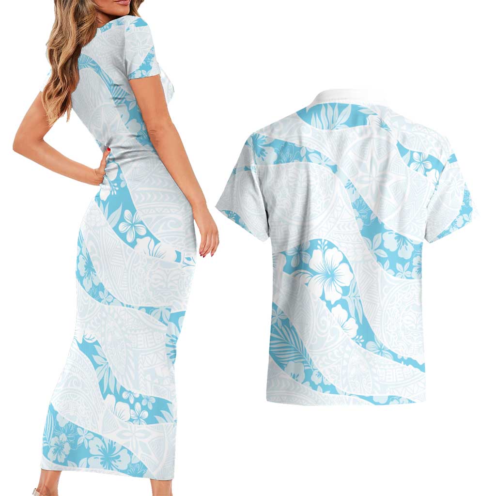 Aloha Hawaii Floral Tapa Couples Matching Short Sleeve Bodycon Dress and Hawaiian Shirt Patchwork Turquoise LT7 - Polynesian Pride
