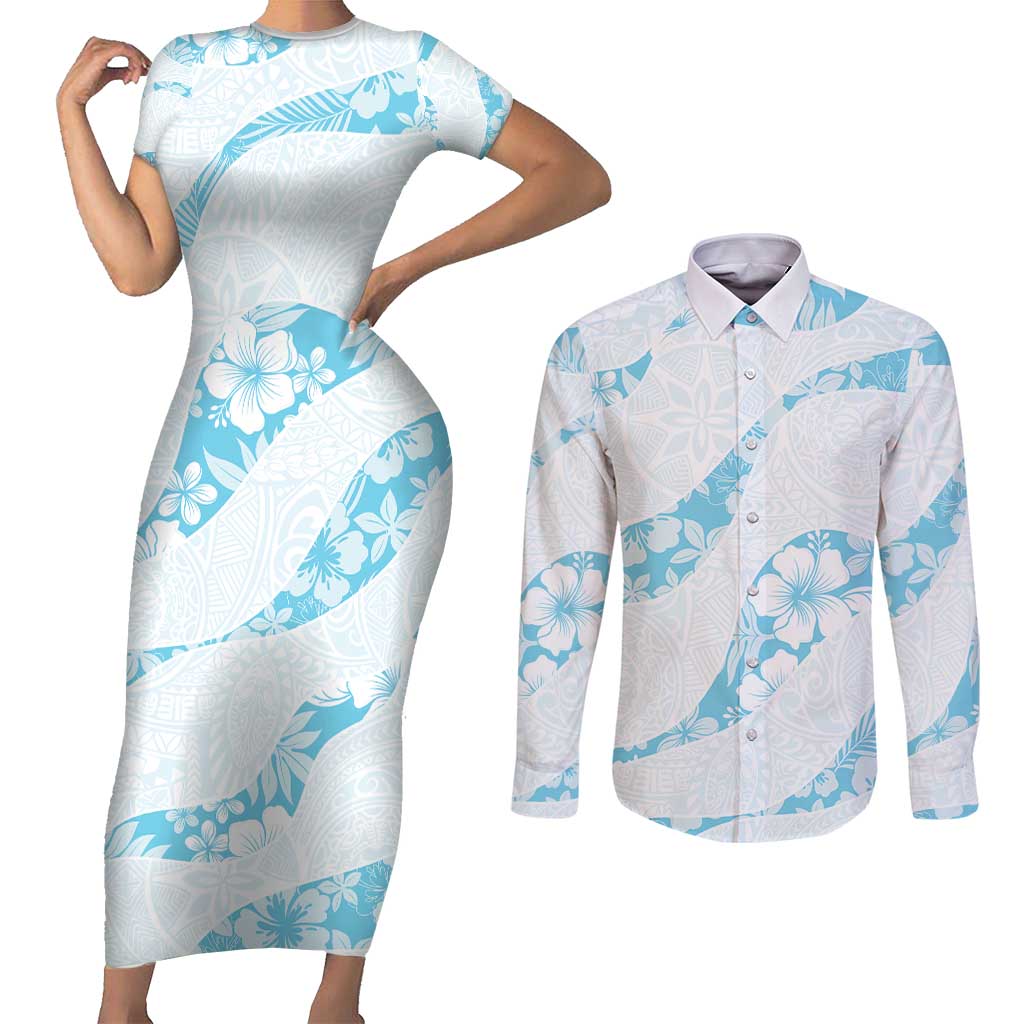 Aloha Hawaii Floral Tapa Couples Matching Short Sleeve Bodycon Dress and Long Sleeve Button Shirt Patchwork Turquoise LT7 Turquoise - Polynesian Pride