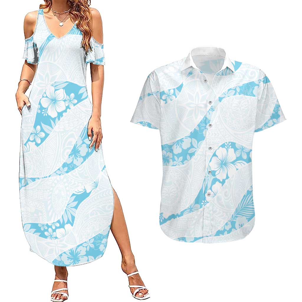 Aloha Hawaii Floral Tapa Couples Matching Summer Maxi Dress and Hawaiian Shirt Patchwork Turquoise LT7 Turquoise - Polynesian Pride