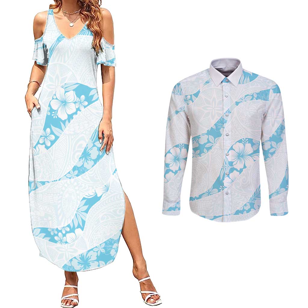 Aloha Hawaii Floral Tapa Couples Matching Summer Maxi Dress and Long Sleeve Button Shirt Patchwork Turquoise LT7 Turquoise - Polynesian Pride