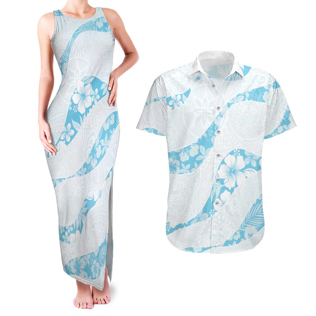 Aloha Hawaii Floral Tapa Couples Matching Tank Maxi Dress and Hawaiian Shirt Patchwork Turquoise LT7 Turquoise - Polynesian Pride
