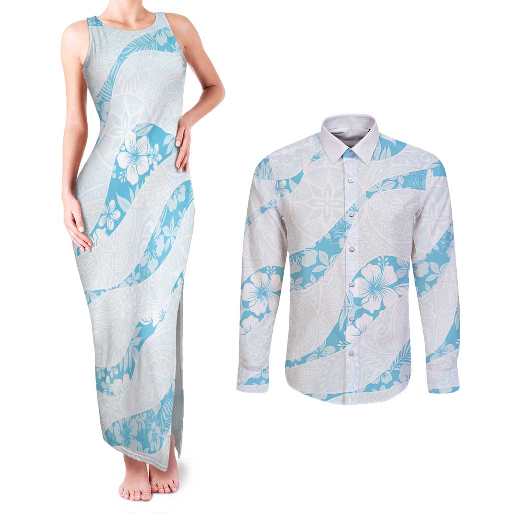 Aloha Hawaii Floral Tapa Couples Matching Tank Maxi Dress and Long Sleeve Button Shirt Patchwork Turquoise LT7 Turquoise - Polynesian Pride