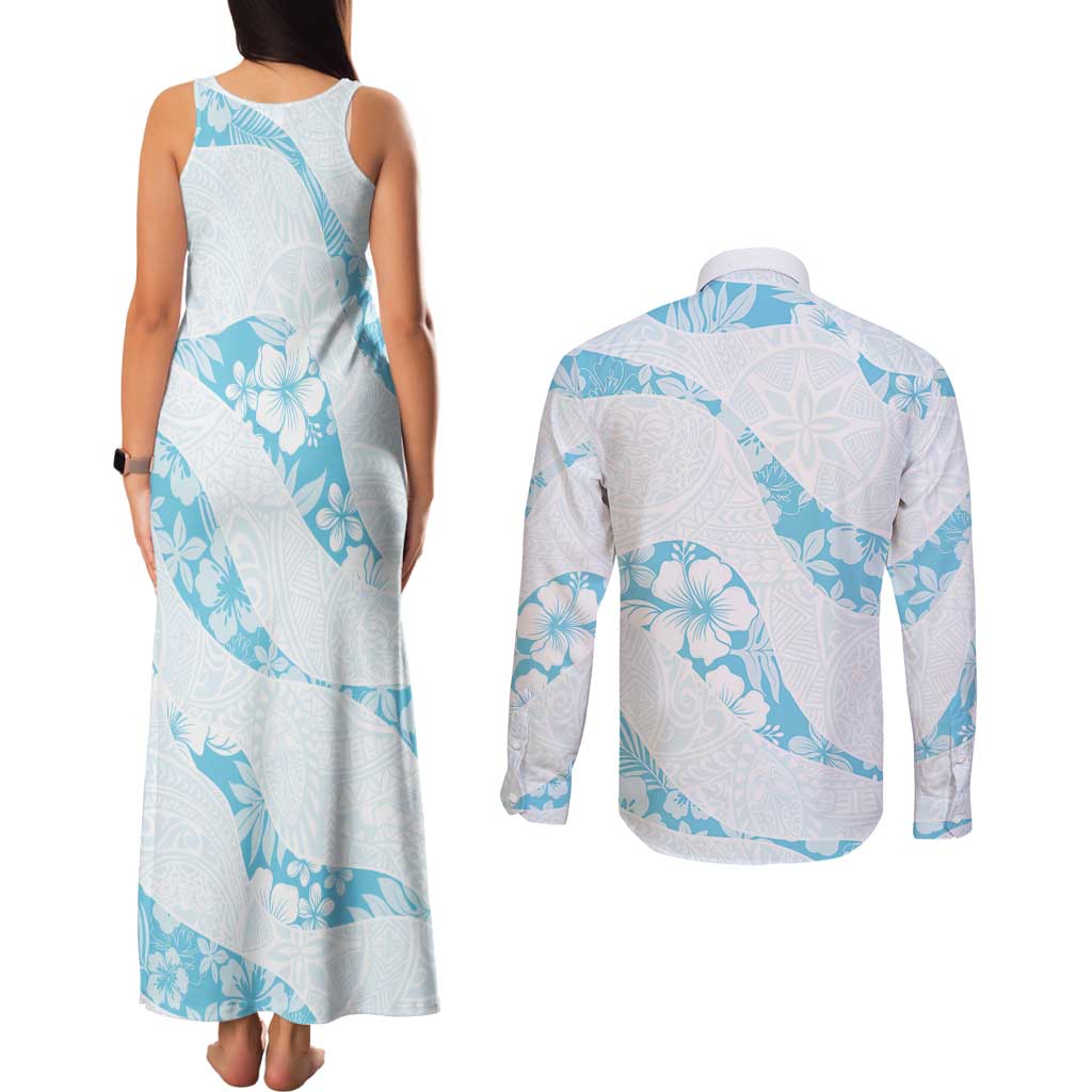 Aloha Hawaii Floral Tapa Couples Matching Tank Maxi Dress and Long Sleeve Button Shirt Patchwork Turquoise - Polynesian Pride
