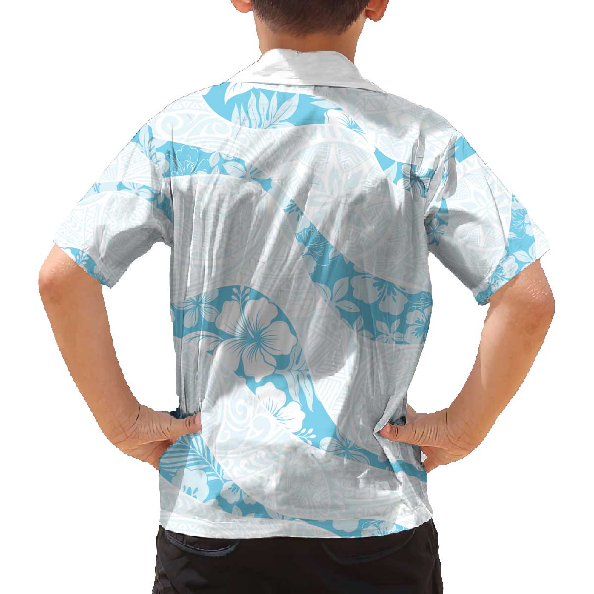 Aloha Hawaii Floral Tapa Family Matching Off The Shoulder Long Sleeve Dress and Hawaiian Shirt Patchwork Turquoise LT7 - Polynesian Pride