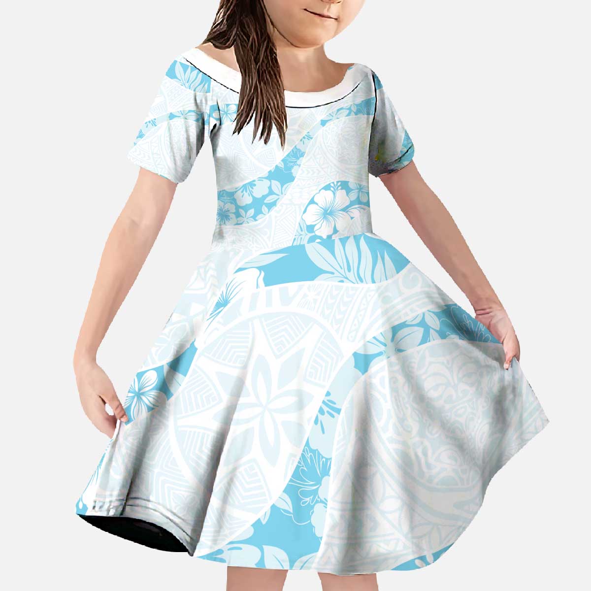 Aloha Hawaii Floral Tapa Family Matching Off The Shoulder Long Sleeve Dress and Hawaiian Shirt Patchwork Turquoise LT7 Daughter's Dress Turquoise - Polynesian Pride