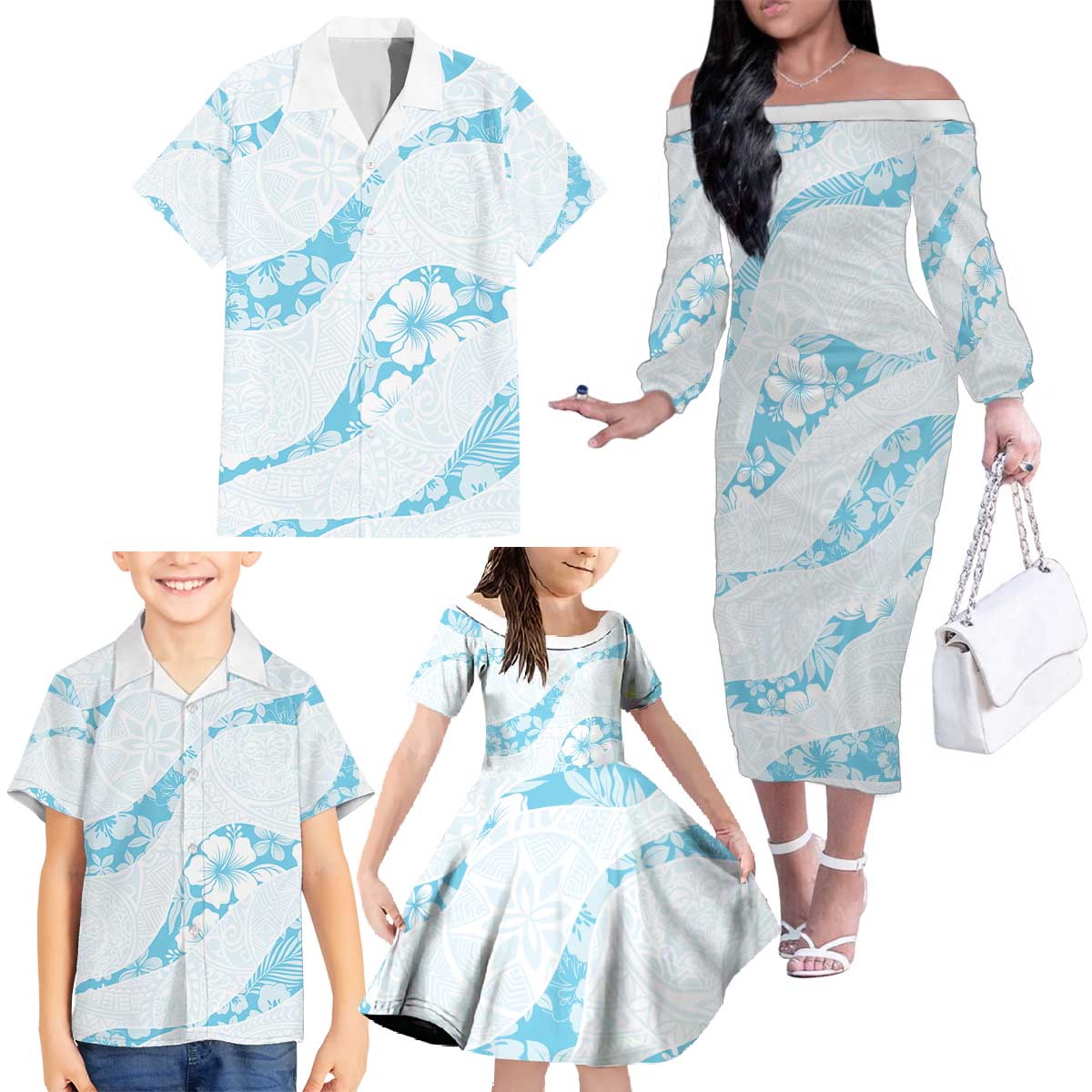Aloha Hawaii Floral Tapa Family Matching Off The Shoulder Long Sleeve Dress and Hawaiian Shirt Patchwork Turquoise LT7 - Polynesian Pride