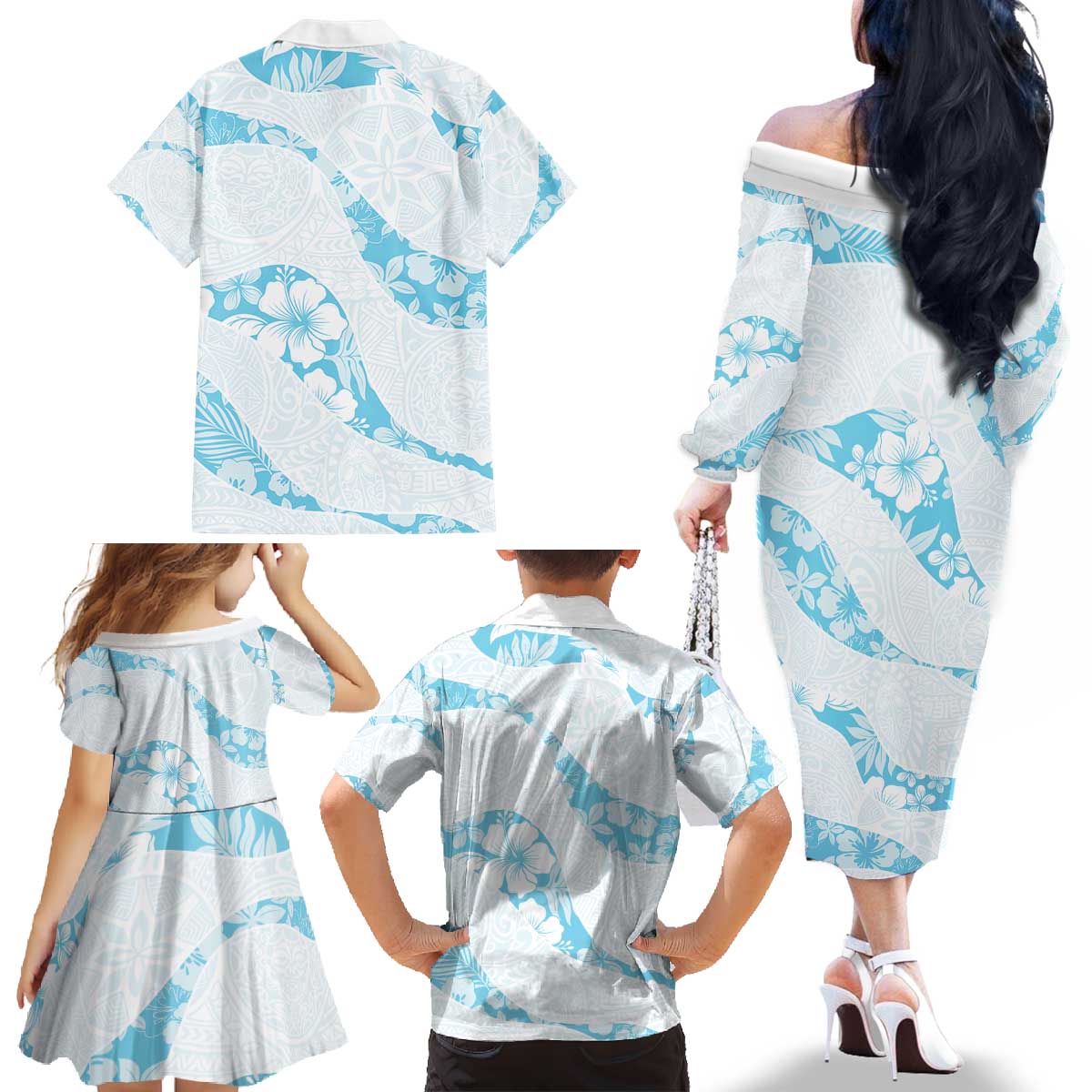 Aloha Hawaii Floral Tapa Family Matching Off The Shoulder Long Sleeve Dress and Hawaiian Shirt Patchwork Turquoise LT7 - Polynesian Pride