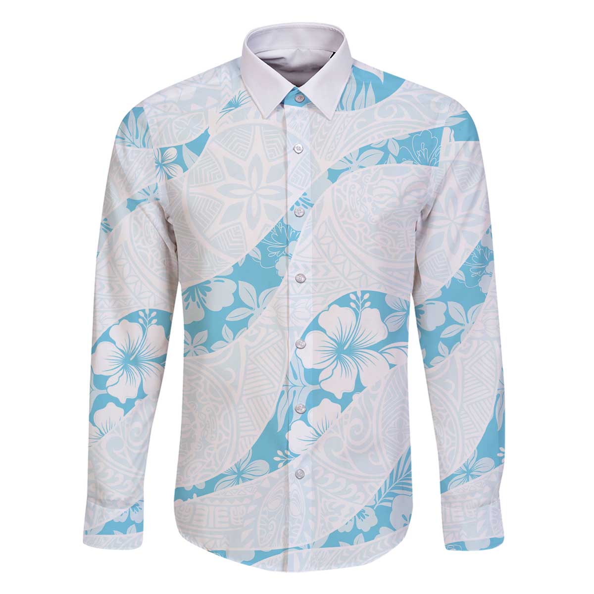 Aloha Hawaii Floral Tapa Family Matching Off The Shoulder Long Sleeve Dress and Hawaiian Shirt Patchwork Turquoise LT7 Dad's Shirt - Long Sleeve Turquoise - Polynesian Pride