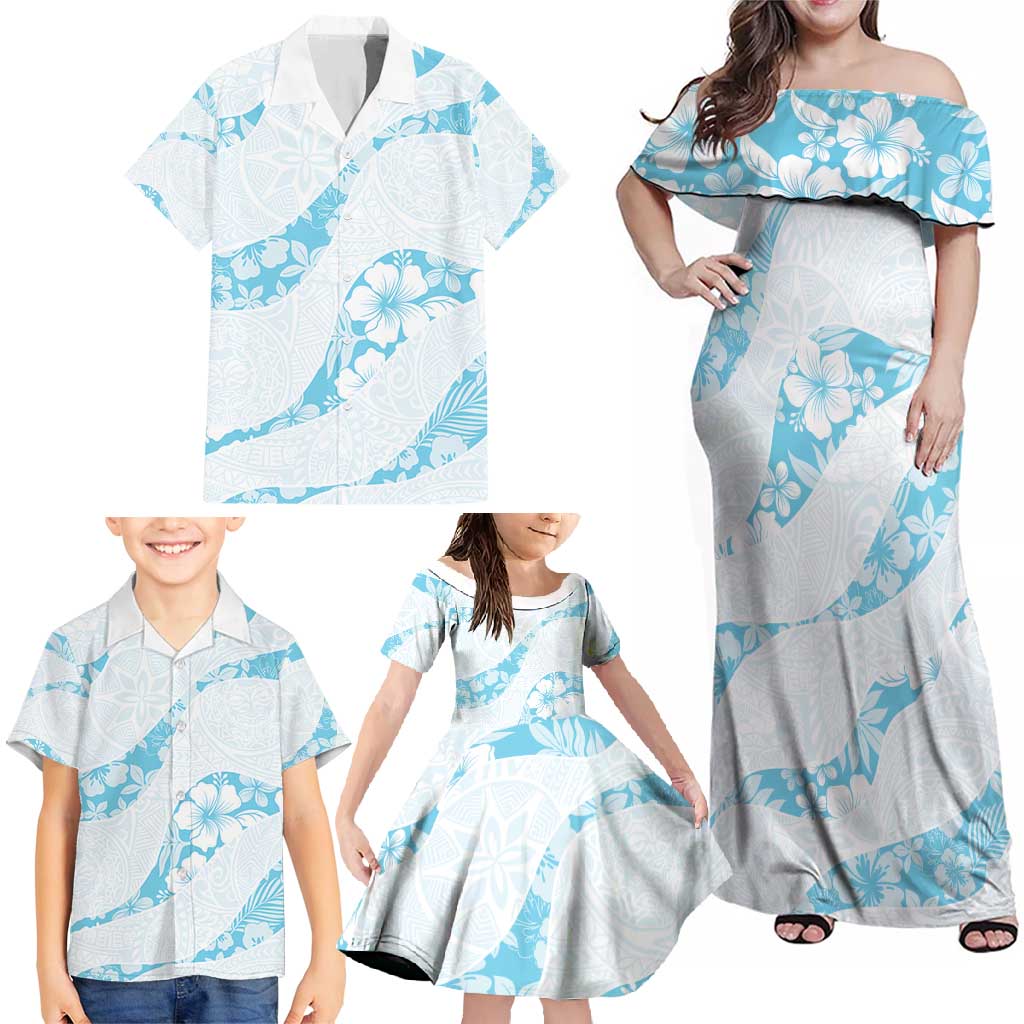 Aloha Hawaii Floral Tapa Family Matching Off Shoulder Maxi Dress and Hawaiian Shirt Patchwork Turquoise LT7 - Polynesian Pride