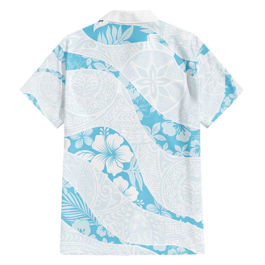 Aloha Hawaii Floral Tapa Family Matching Off Shoulder Short Dress and Hawaiian Shirt Patchwork Turquoise - Polynesian Pride