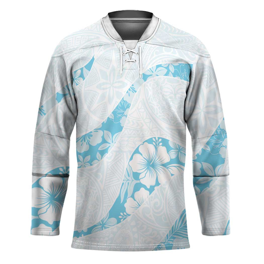 Aloha Hawaii Floral Tapa Hockey Jersey Patchwork Turquoise - Polynesian Pride
