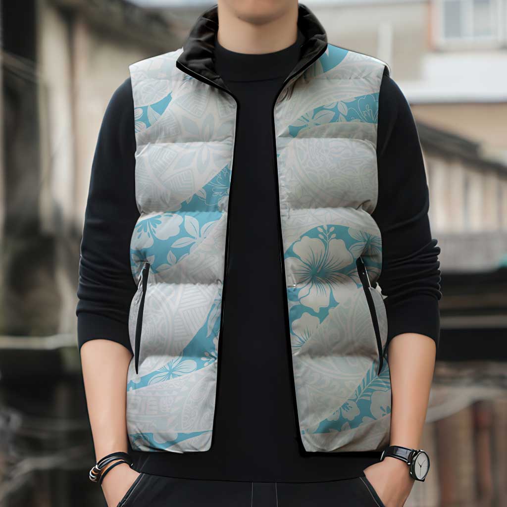 Aloha Hawaii Floral Tapa Sleeveless Puffer Jacket Patchwork Turquoise - Polynesian Pride