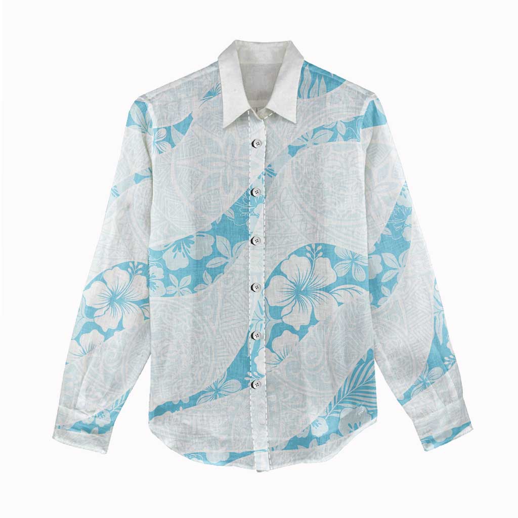 Aloha Hawaii Floral Tapa Women Casual Shirt Patchwork Turquoise - Polynesian Pride