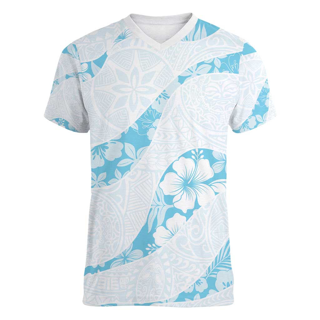Aloha Hawaii Floral Tapa Women V-Neck T-Shirt Patchwork Turquoise LT7 Female Turquoise - Polynesian Pride