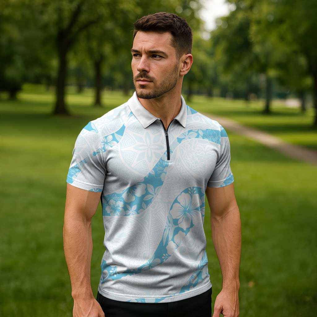 Aloha Hawaii Floral Tapa Zipper Polo Shirt Patchwork Turquoise - Polynesian Pride