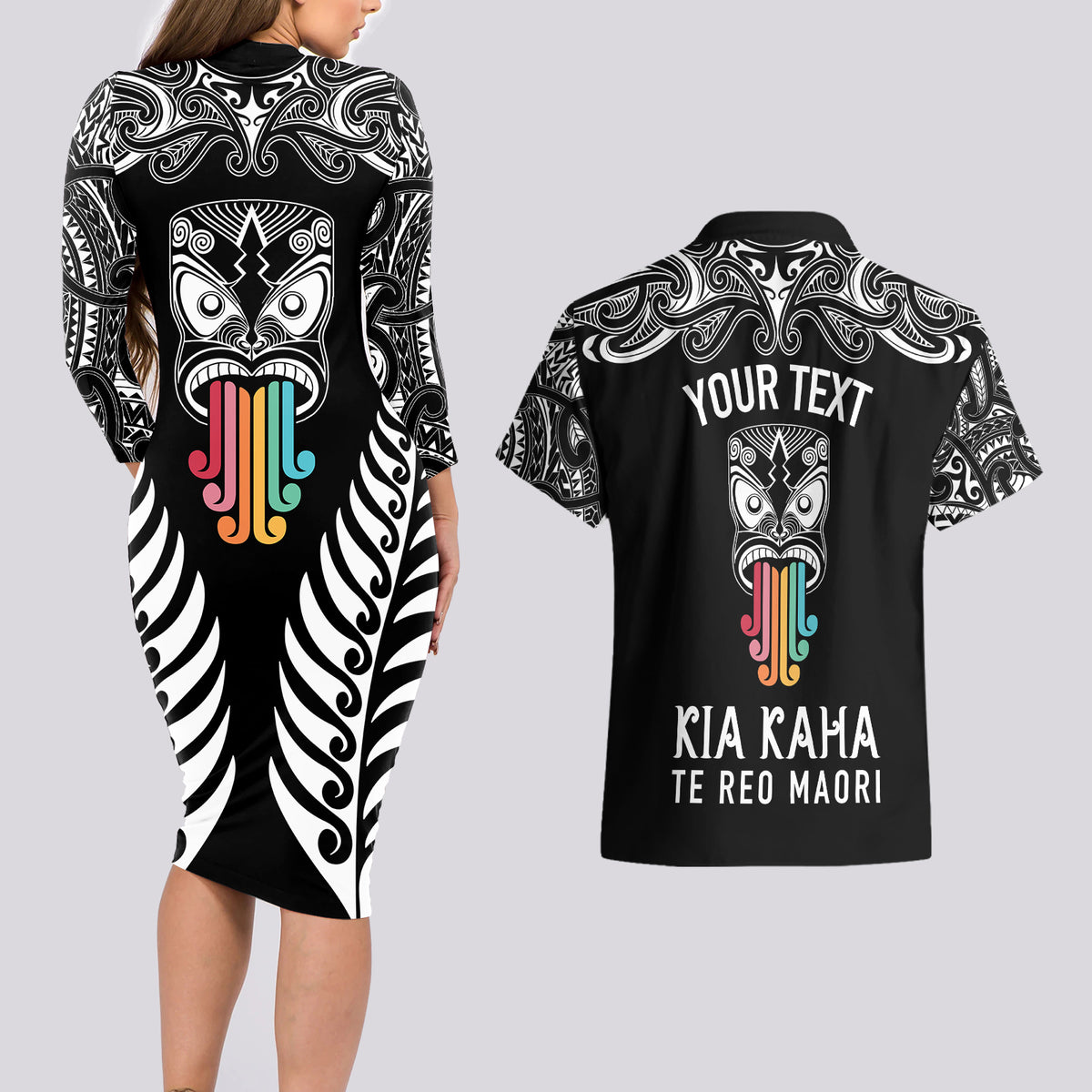 Personalised Kia Kaha Te Reo Maori Couples Matching Long Sleeve Bodycon Dress and Hawaiian Shirt Hei Tiki Mix Koru - Black LT7 - Polynesian Pride