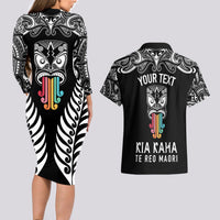 Personalised Kia Kaha Te Reo Maori Couples Matching Long Sleeve Bodycon Dress and Hawaiian Shirt Hei Tiki Mix Koru - Black LT7 - Polynesian Pride