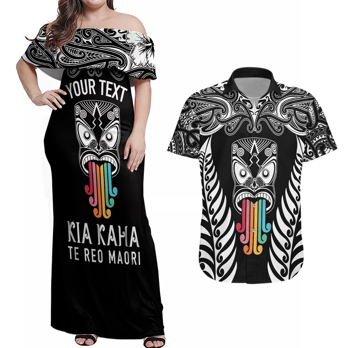 Personalised Kia Kaha Te Reo Maori Couples Matching Off Shoulder Maxi Dress and Hawaiian Shirt Hei Tiki Mix Koru - Black LT7 Black - Polynesian Pride