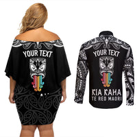 personalised-kia-kaha-te-reo-maori-couples-matching-off-shoulder-short-dress-and-long-sleeve-button-shirts-hei-tiki-mix-koru-black