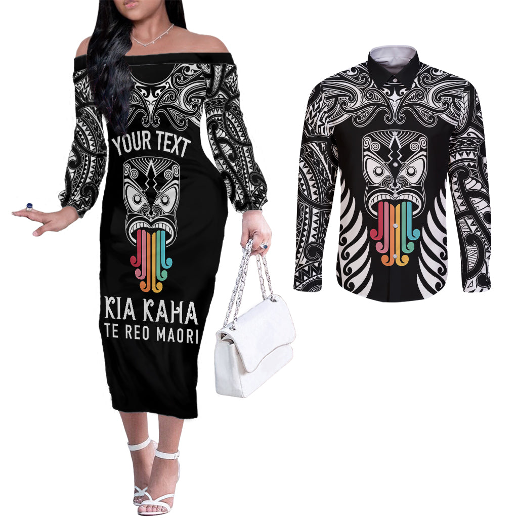 Personalised Kia Kaha Te Reo Maori Couples Matching Off The Shoulder Long Sleeve Dress and Long Sleeve Button Shirts Hei Tiki Mix Koru - Black LT7 Black - Polynesian Pride