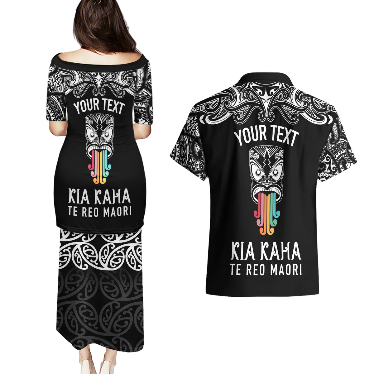 personalised-kia-kaha-te-reo-maori-couples-matching-puletasi-dress-and-hawaiian-shirt-hei-tiki-mix-koru-black