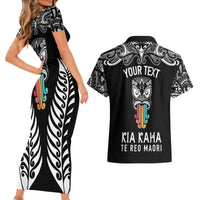 Personalised Kia Kaha Te Reo Maori Couples Matching Short Sleeve Bodycon Dress and Hawaiian Shirt Hei Tiki Mix Koru - Black LT7 - Polynesian Pride