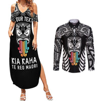 personalised-kia-kaha-te-reo-maori-couples-matching-summer-maxi-dress-and-long-sleeve-button-shirts-hei-tiki-mix-koru-black