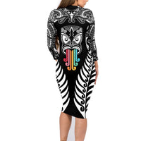 Personalised Kia Kaha Te Reo Maori Family Matching Long Sleeve Bodycon Dress and Hawaiian Shirt Hei Tiki Mix Koru - Black LT7 - Polynesian Pride