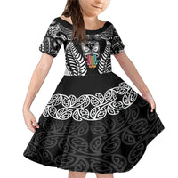Personalised Kia Kaha Te Reo Maori Family Matching Mermaid Dress and Hawaiian Shirt Hei Tiki Mix Koru - Black LT7 Daughter's Dress Black - Polynesian Pride