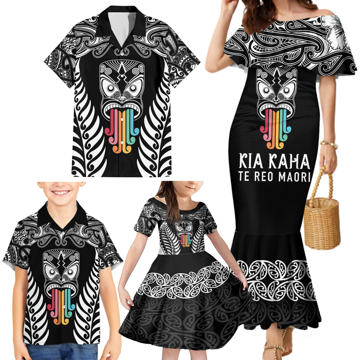 Personalised Kia Kaha Te Reo Maori Family Matching Mermaid Dress and Hawaiian Shirt Hei Tiki Mix Koru - Black LT7 - Polynesian Pride