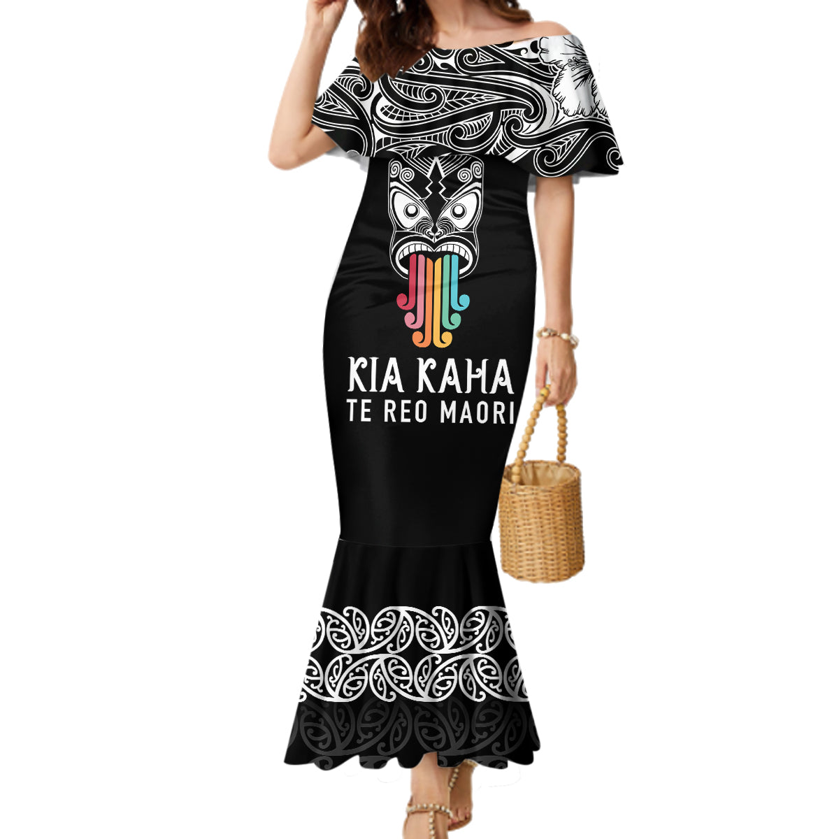 Personalised Kia Kaha Te Reo Maori Family Matching Mermaid Dress and Hawaiian Shirt Hei Tiki Mix Koru - Black LT7 Mom's Dress Black - Polynesian Pride