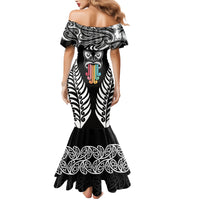 Personalised Kia Kaha Te Reo Maori Family Matching Mermaid Dress and Hawaiian Shirt Hei Tiki Mix Koru - Black LT7 - Polynesian Pride