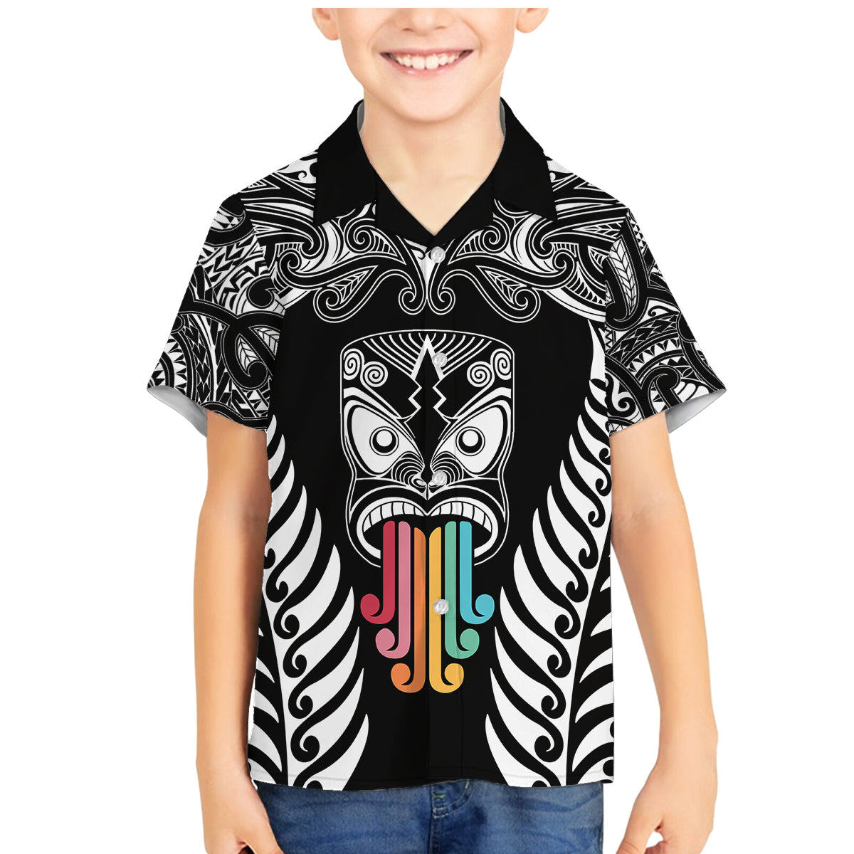 Personalised Kia Kaha Te Reo Maori Family Matching Mermaid Dress and Hawaiian Shirt Hei Tiki Mix Koru - Black LT7 Son's Shirt Black - Polynesian Pride