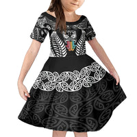 Personalised Kia Kaha Te Reo Maori Family Matching Off Shoulder Long Sleeve Dress and Hawaiian Shirt Hei Tiki Mix Koru - Black LT7 Daughter's Dress Black - Polynesian Pride