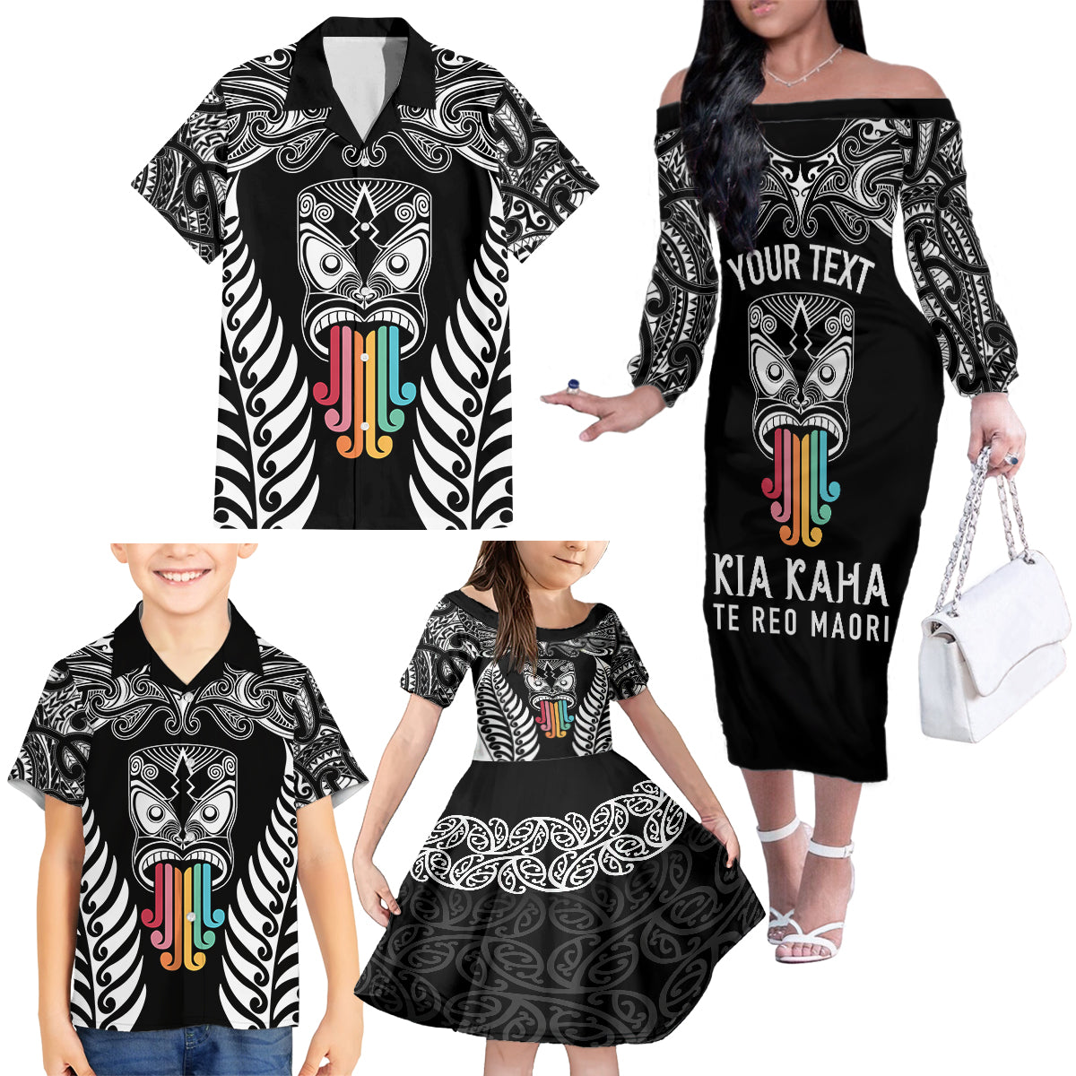 Personalised Kia Kaha Te Reo Maori Family Matching Off Shoulder Long Sleeve Dress and Hawaiian Shirt Hei Tiki Mix Koru - Black LT7 - Polynesian Pride