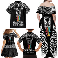 Personalised Kia Kaha Te Reo Maori Family Matching Off Shoulder Long Sleeve Dress and Hawaiian Shirt Hei Tiki Mix Koru - Black LT7 - Polynesian Pride