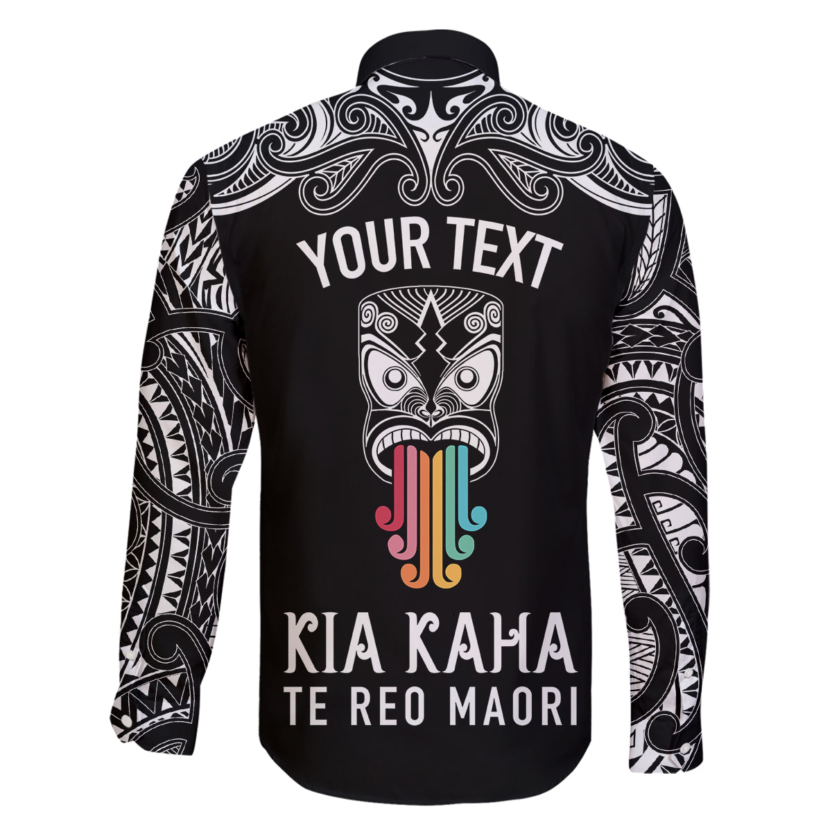 Personalised Kia Kaha Te Reo Maori Family Matching Off Shoulder Long Sleeve Dress and Hawaiian Shirt Hei Tiki Mix Koru - Black LT7 - Polynesian Pride