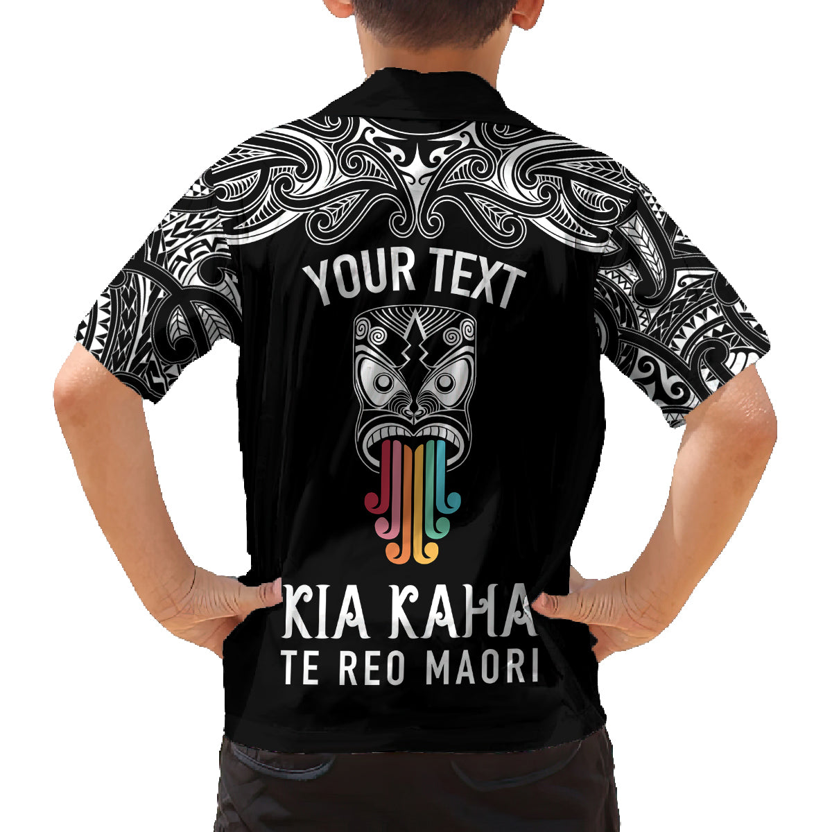 Personalised Kia Kaha Te Reo Maori Family Matching Off Shoulder Maxi Dress and Hawaiian Shirt Hei Tiki Mix Koru - Black LT7 - Polynesian Pride