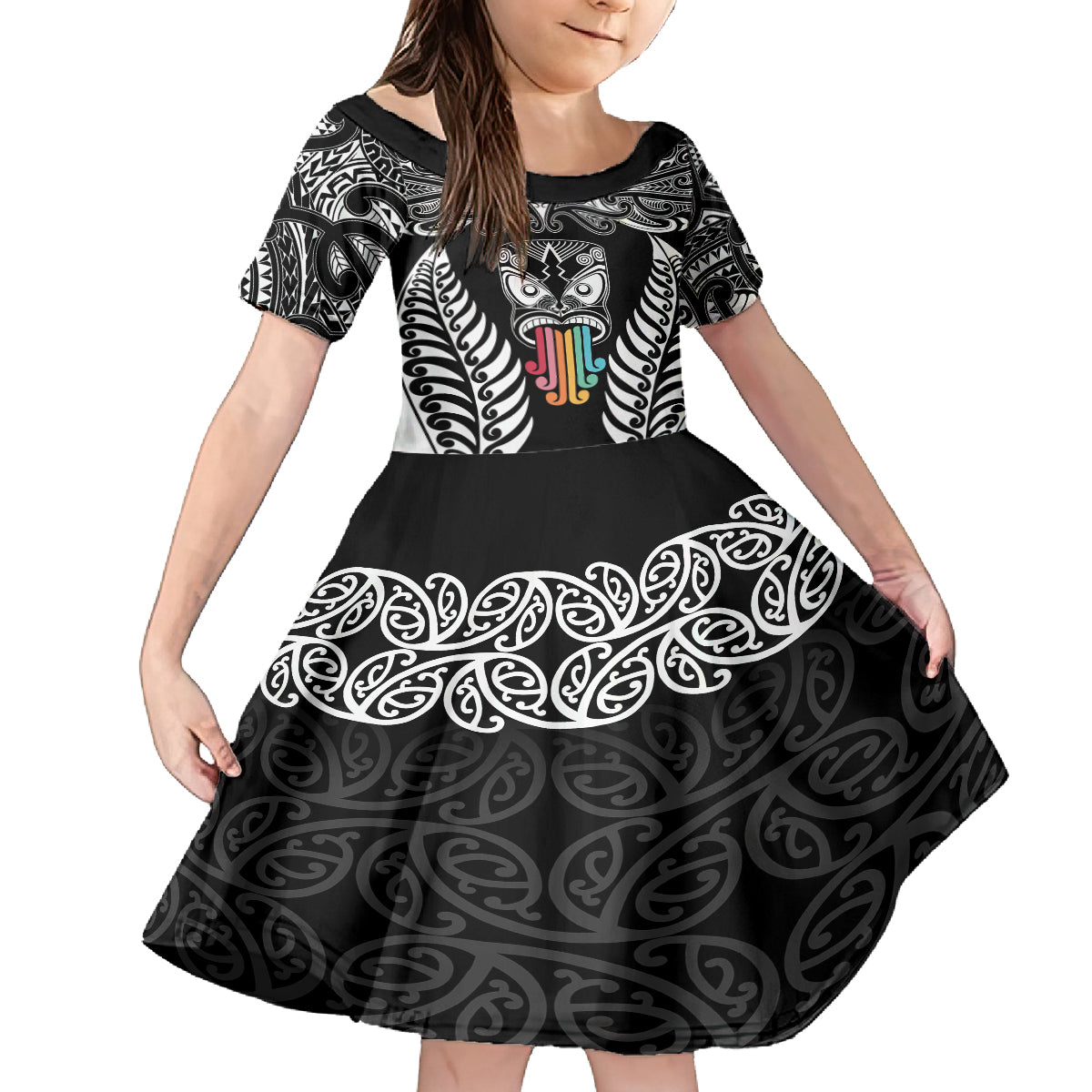 Personalised Kia Kaha Te Reo Maori Family Matching Off Shoulder Maxi Dress and Hawaiian Shirt Hei Tiki Mix Koru - Black LT7 Daughter's Dress Black - Polynesian Pride