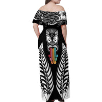 Personalised Kia Kaha Te Reo Maori Family Matching Off Shoulder Maxi Dress and Hawaiian Shirt Hei Tiki Mix Koru - Black LT7 - Polynesian Pride